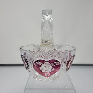 Vintage Enesco Lead Crystal‎ Basket 24% PbO Red Heart Rose Germany Collectible